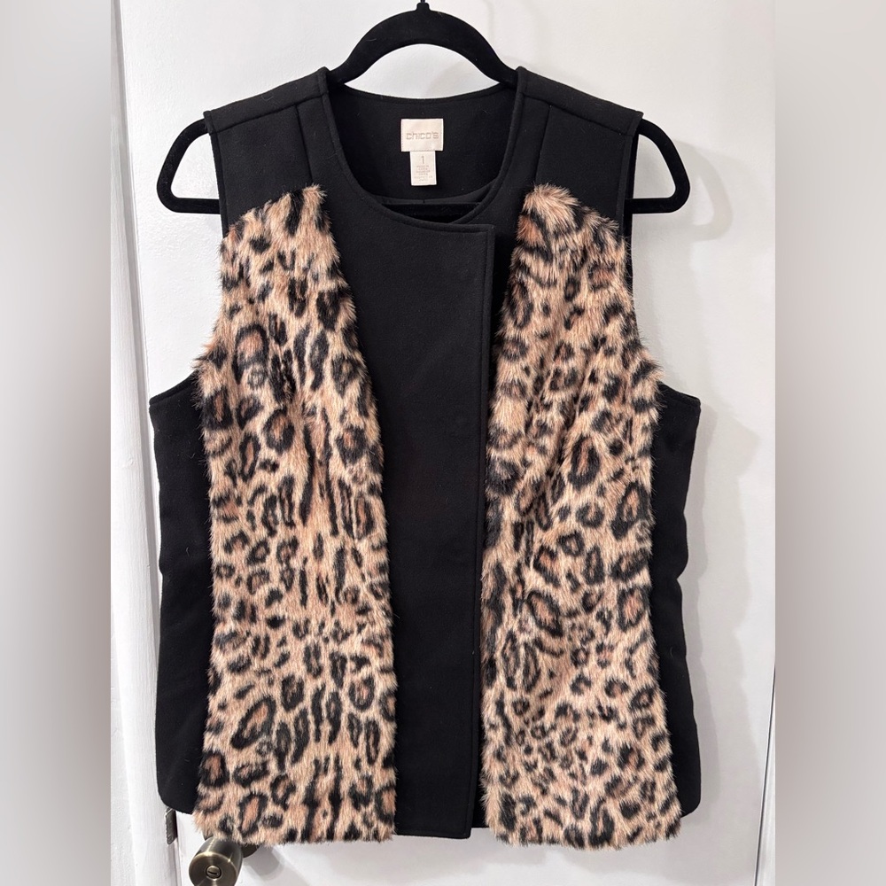 Chico's Black Vest with Leopard Print Fur, Snap Closure. Animal prints are in!